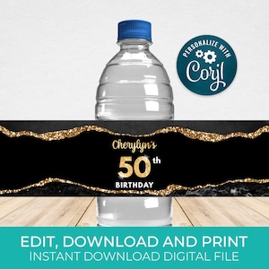 Black & Gold Water Bottle Label Template, Water Wrappers, Birthday Party Favors Editable, Digital Download AGT APBRBG