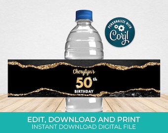 Black & Gold Water Bottle Label Template, Water Wrappers, Birthday Party Favors Editable, Digital Download AGT APBRBG