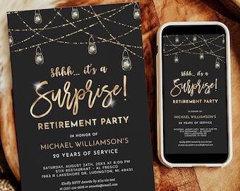 Surprise Retirement Party Invitation - Black White Gold Sparkle Work Retire - Rustic Retirement Invite - Digital Instant Download - RP19