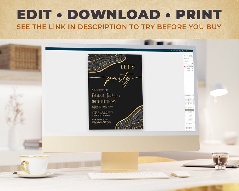 Editable Black and Gold Birthday Party Invitation Template - Let's ...