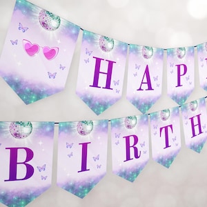 Cartel con el mensaje "En mi cumpleaños" - Cartel con el mensaje "Feliz cumpleaños" - Decoración para fiesta de cumpleaños de adolescente - Fiesta de cumpleaños de adolescente - Morado - Azul - Eras - Editable - Imprimible - 0312B