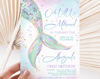 Editable Mermaid Birthday Party Invitation - Girl 1st Birthday - Mermaid Party - Editable Digital and Printable - 1620BP1