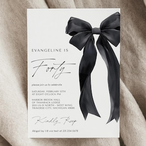 Black Bow Birthday Invitation Template - 40th Birthday Party - Minimalist Black Bow Invite - Editable Digital Download 5011
