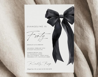 Black Bow Birthday Invitation Template - 40th Birthday Party - Minimalist Black Bow Invite - Editable Digital Download 5011