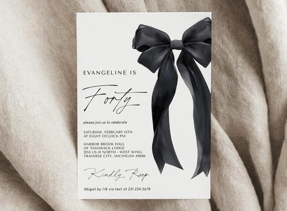 Black Bow Birthday Invitation Template - 40th Birthday Party - Minimalist Black Bow Invite - Editable Digital Download 5011