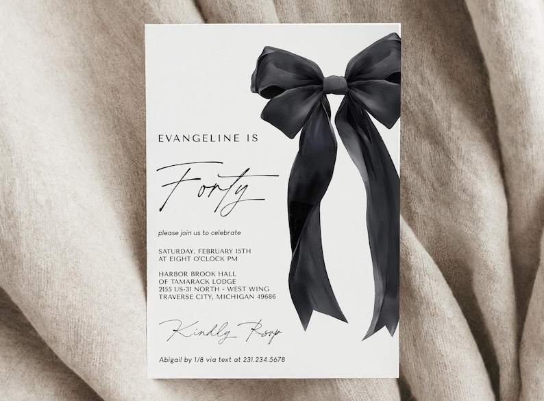 Black Bow Birthday Invitation Template - 40th Birthday Party - Minimalist Black Bow Invite - Editable Digital Download 5011