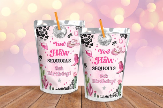 Editable Space Cowgirl Birthday Party Juice Pouch Template - Pink Disco Cowgirl Party - Instant Download Editable 0600 - PBG