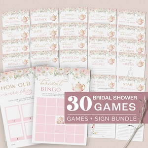 May include: A set of 30 printable bridal shower games with a pink and green floral design. The games include "How Old Were They", "Bridal Bingo", "Movie Trivia", "Date Night", "Advice for the Bride", "Honey Do List", "Guess Who Bride or Groom", "Memories of the Bride", "Over or Under", "Guest Dress", "Finish the Lyrics", "Name That Tune", and more. The games are perfect for a bridal shower party.