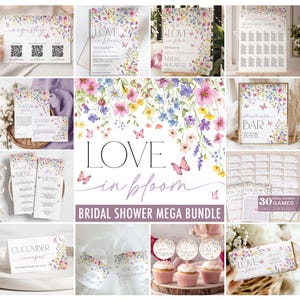 May include: A bridal shower mega bundle with a floral theme. The bundle includes invitations, thank you cards, menus, a seating chart, a mimosa bar sign, cupcake toppers, and more. The design features a watercolor floral pattern with butterflies and the text "Love in Bloom".