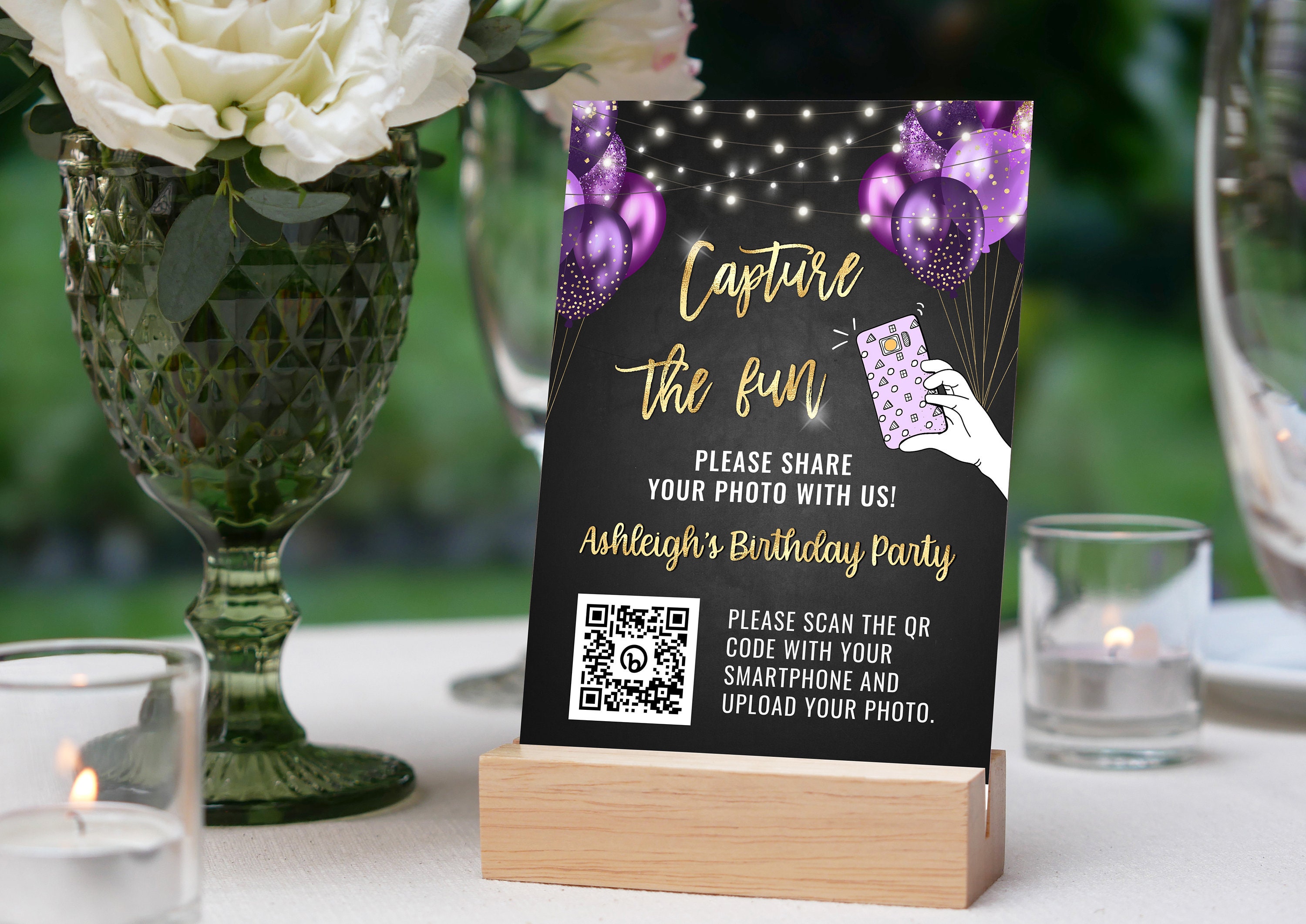 Purple and Gold Birthday QR Code Sign Template - Capture the Fun ...