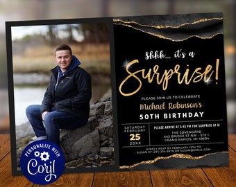 May include: A black and gold birthday invitation with a glittery design. The invitation reads "Shhh... it's a Surprise!" and is for Michael Robinson's 50th birthday. The invitation includes the date, time, and location of the party.