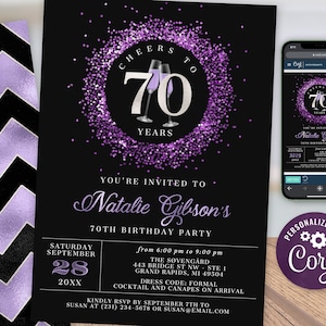 Cheers 70th Birthday Invitation SEVENTY Party Purple Silver Glitter Sparkle Champagne Digital Instant Download 5x7 Printable Editable BP108F