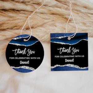 Blue and Silver Favor Tag Template -  Gift Tag Template, Glitter Sparkle Instant Digital Download Editable AGT APBBL