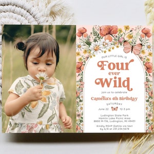 Four Ever Wild Wildflower 4th Birthday Photo Invitation - Wildflower Birthday Party - Boho Birthday - Digital and Printable Invite - 1617