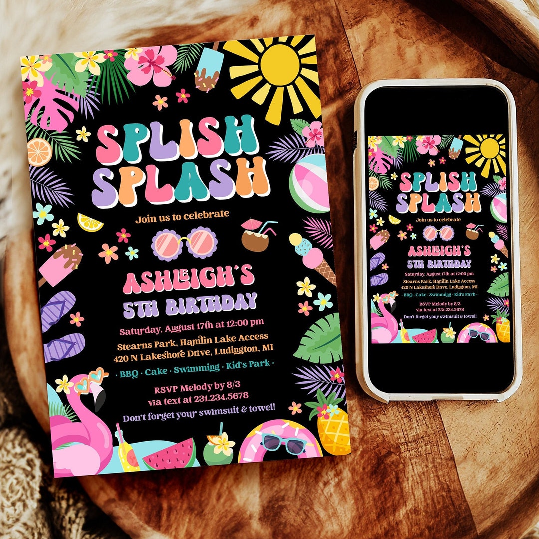 Editable Summer Birthday Party Invitation Splish Splash Girl Birthday ...