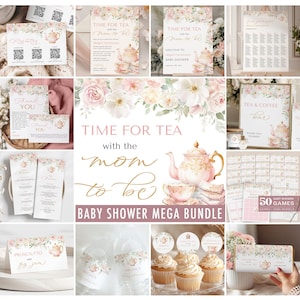 Op de afbeelding: Een verzameling baby shower briefpapier met een bloemen- en theepot thema. Inclusief uitnodigingen, bedankkaarten, spelletjes en cupcake toppers. De tekst "Time for Tea with the Mom to Be" is prominent aanwezig.