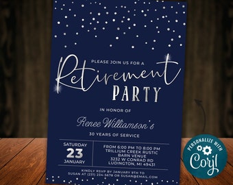 Retirement Party Invitation - Instant DOWNLOAD Personalize & Print Elegant Navy White Silver Sparkle Work Retire Mens Man Women Woman RT1517