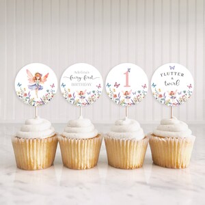Fairy First Birthday Cupcake Toppers - Girl 1st Birthday Fairy Party - Printable Editable - Digital Download 1614