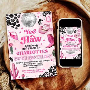Editable Adult Space Cowgirl Birthday Invitation - Pink Disco Cowgirl Invite - Nashville Rodeo Party - Instant Download Editable 0600 - PBG