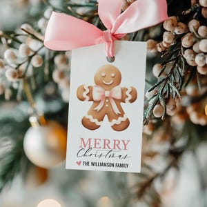Editable Christmas Gift Tag Template - Cute Personalized Pink Bow Gingerbread Cookie Gift Tag - Printable Digital Download - CT CT111