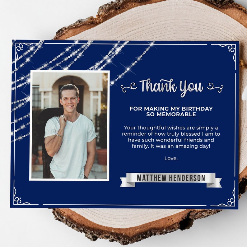 Birthday Thank You Card With Photo - Editable Template - Navy Blue and ...