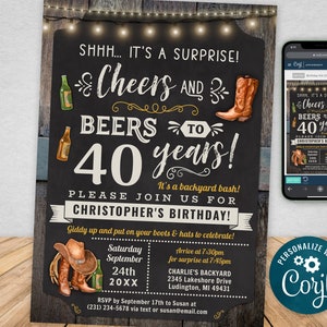 Jedes Alter Western Cheers und Beers Boots Überraschungs-Geburtstagsfeier-Einladung - Digital SOFORT Download Bearbeitbar für Erwachsene CBEP