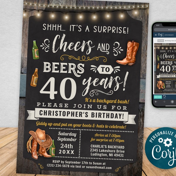 Any Age Western Cheers and Beers Boots Surprise Birthday Party Invitation - Digital INSTANT Download Editable adult CBBP