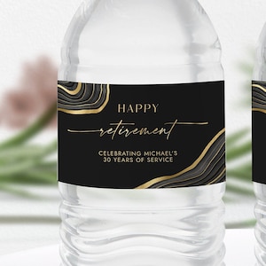 Black & Gold Water Bottle Label Template - Water Wrappers - Party Favors - Happy Retirement - Editable Digital Download 0300BG