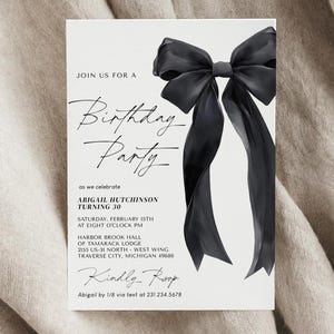 Black Bow Birthday Invitation Template - Black and White Coquette Birthday - Minimalist Black Bow Invite - Editable Digital Download 5011