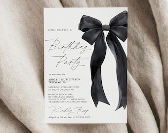 Modelo de convite de aniversário com laço preto - Aniversário de coquete preto e branco - Convite minimalista com laço preto - Download digital editável 5011