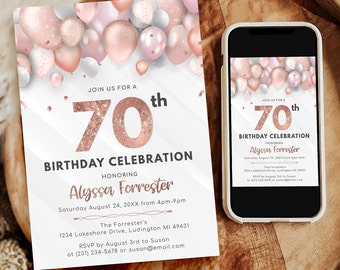 Rose Gold 70th Birthday Invitation - Adult SEVENTY Invite - Digital INSTANT download Editable Women's B40 BD40BB