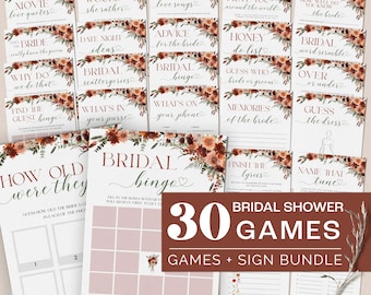 Puede incluir: Un conjunto de 30 juegos para la despedida de soltera y un paquete de letreros. Las tarjetas presentan diseños florales en tonos marrón y burdeos. Los títulos de los juegos incluyen "Bridal Bingo" y "Guess the Dress".