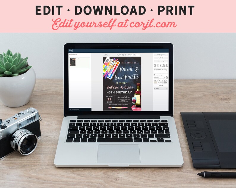 May include: A laptop computer displaying a website with a paint and sip party invitation. The invitation features a chalkboard background with colorful paintbrushes, a glass of wine, and the text "Paint & Sip Party" and "Valerie Gebyony 45th Birthday".