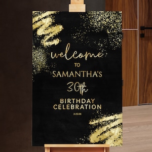 Birthday Welcome Sign Birthday Welcome Poster Black and Gold Glitter Sparkle Instant Digital Download Editable BPG BP143