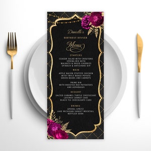 Plantilla de menú editable y menú de bebidas Plantilla de menú para eventos, negro, dorado, magenta, descarga digital instantánea, imprimible, editable, BPR BP123