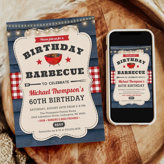 60th BBQ Birthday Invite - Summer Barbecue Party Invitation - Rustic Blue and Red Americana Style - Digital Download Editable Printable B63
