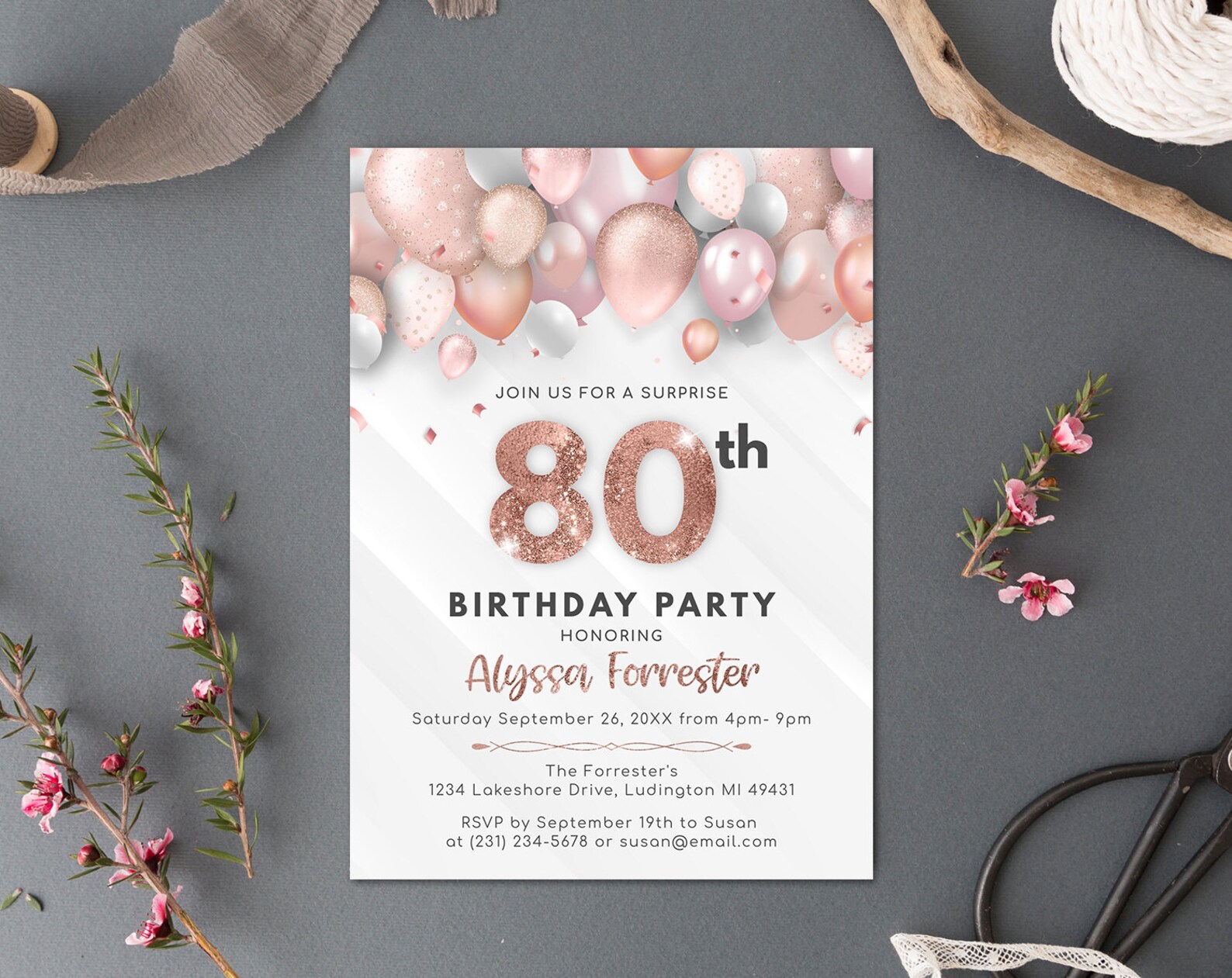 Rose Gold 80th Birthday Invitation Adult EIGHTY Invite - Etsy UK