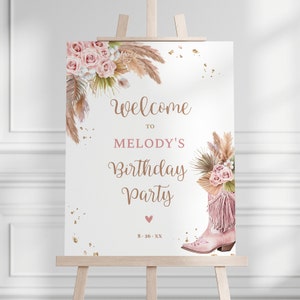 Bewerkbaar welkomstbord cowgirl-laars - roze rodeo - met pampagras en rozen - directe download bewerkbare B5002