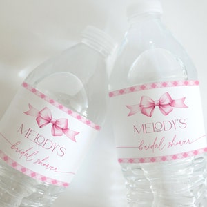 Pink Bow Editable Water Bottle Label Template - She&#39;s Tying the Knot - Pink Ribbon Bow Bridal Wedding Shower - 1610B