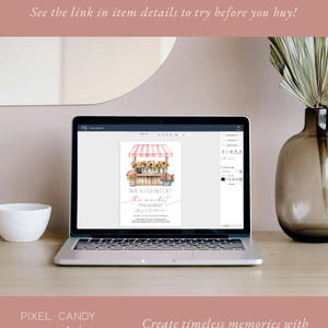Peut inclure: Un design num&eacute;rique pour une invitation imprimable &agrave; une f&ecirc;te de mariage. L'invitation pr&eacute;sente une illustration aquarelle d'un stand de march&eacute; avec des fleurs et une pancarte qui dit "Elle est fra&icirc;che du march&eacute;".
