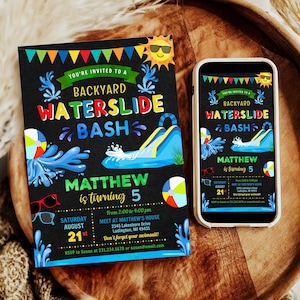 Waterslide Birthday Invitation Boy Birthday Digital & Printable Evite Electronic Invite with Thank You, Editable Instant Download WSBPB