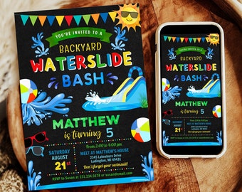 Waterslide Birthday Invitation Boy Birthday Digital & Printable Evite Electronic Invite with Thank You, Editable Instant Download WSBPB