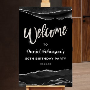 Birthday Welcome Sign Birthday Welcome Poster Black and Silver Digital Instant Download Editable, AGT APBB