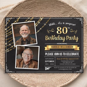 Surprise 80th Birthday Invitation with Photo Invite Party Photo Invite Black Gold - Digital INSTANT DOWNLOAD 5x7 & 4x6 Editable B57 B57S