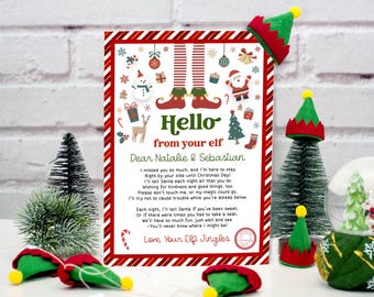 May include: A red and white striped card with a Christmas elf theme. The card has a message that says "Hello from your elf" and is addressed to Natalie & Sebastian. The message includes a poem about the elf staying with the children until Christmas Day.