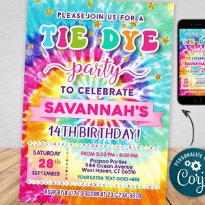 Digital and Printable Tie Dye Birthday Party Invitation, Printable and  Evite Electronic Invite, Editable Instant Download TDP01