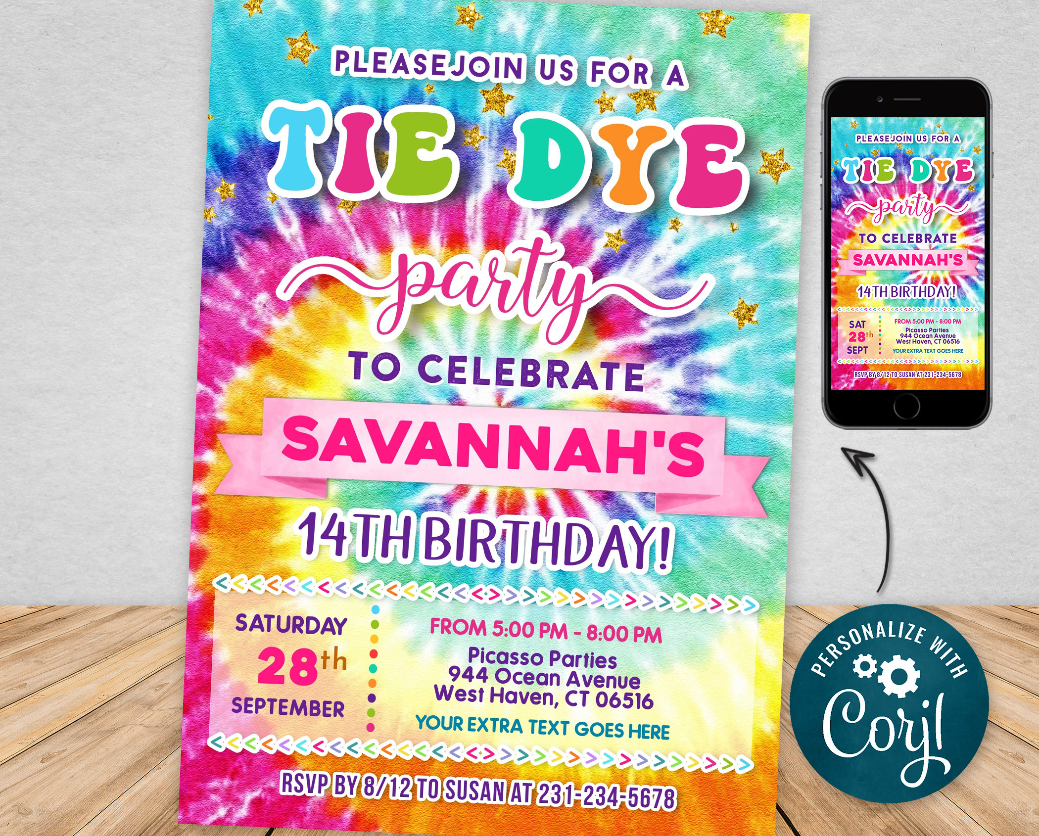 digital and printable tie dye birthday party invitation etsy