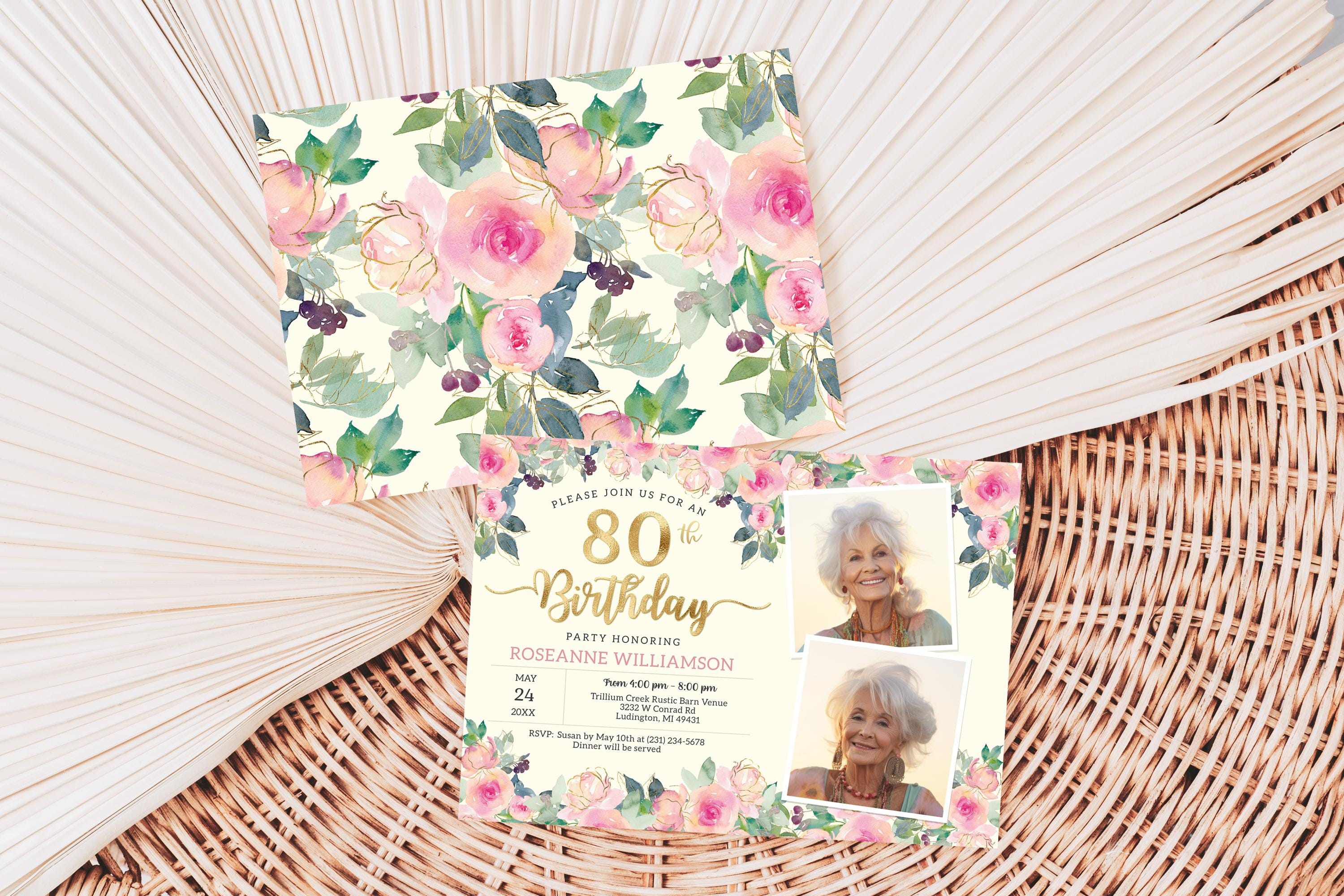 80th Birthday 2 Photo Invitation - Adult EIGHTY Birthday Invite - Gold ...