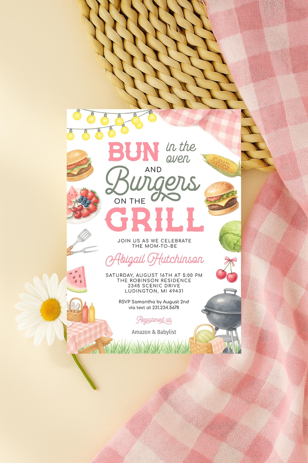 Pink Bbq Pattern Pink BBQ Baby Shower Invitation – Bun in the Oven and Burgers on the ...
