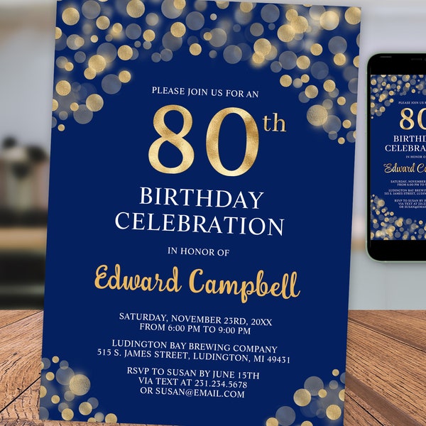 Navy Blue and Gold 80th Birthday Party Invitation Template Digital Instant Download Editable Mens Womens 1100NB